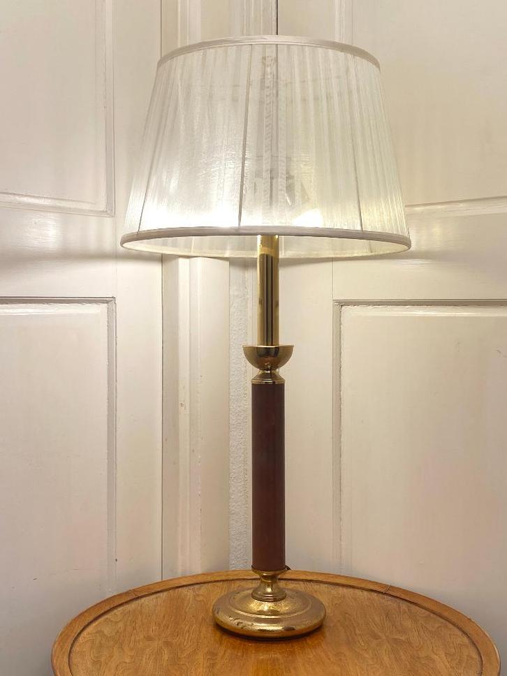 Vintage Regency Mid-Century 60s tafellamp, messing/leer, Huis en Inrichting, Lampen | Tafellampen, Gebruikt, 75 cm of meer, Hout