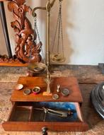 Antieke koperen weegschaal in kistje met lade zeer compleet, Antiek en Kunst, Ophalen of Verzenden