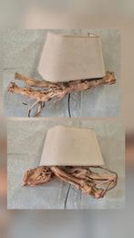2 wandlampen drijfhout bruine linnenlook kap, Huis en Inrichting, Lampen | Wandlampen, Ophalen, Gebruikt, Hout