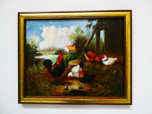 Een schilderij van een haan met 4 kippen en 2 kuikens, Antiek en Kunst, Kunst | Schilderijen | Klassiek, Ophalen of Verzenden