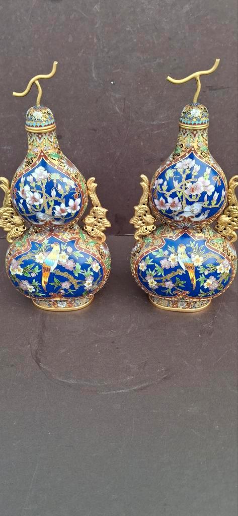 Cloisonné Dubbele Kalebas Vazen champleve,cloissonee, Antiek en Kunst, Antiek | Vazen, Ophalen of Verzenden