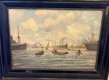 Groot schilderij met havengezicht, stoomboot, Rotterdam? beschikbaar voor biedingen