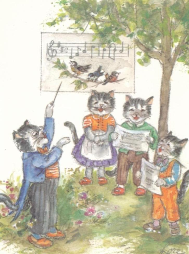 6 Leuke kinder kaarten poezen op muziekles van Lore Hummel, Verzamelen, Ansichtkaarten | Themakaarten, Ongelopen, 1940 tot 1960