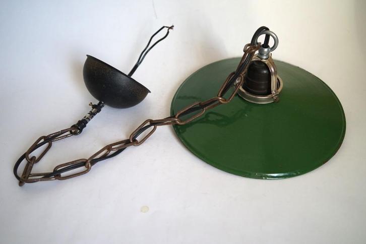hanglamp vintage schoenmaker lamp emaille groen wit ketting, Huis en Inrichting, Lampen | Hanglampen, Gebruikt, 50 tot 75 cm, Ophalen of Verzenden