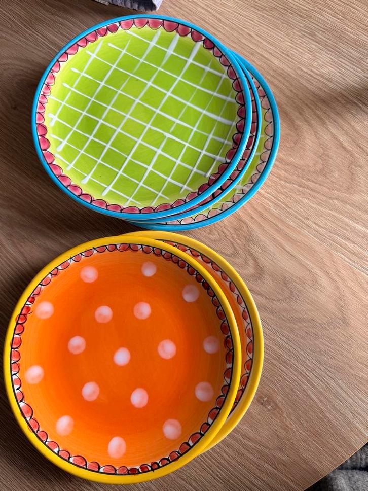 5 Blond Amsterdam gebaksbordjes (groen & oranje), Huis en Inrichting, Keuken | Servies, Gebruikt, Bord(en), Blond Amsterdam, Aardewerk