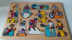 Educatief: peuter: houten knopjespuzzel inlegpuzzel sporten, Ophalen, 10 tot 50 stukjes, Zo goed als nieuw, Van hout