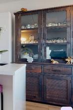 Teakhouten vitrinekast met glazen deuren, Ophalen, Gebruikt, 100 tot 150 cm, 200 cm of meer