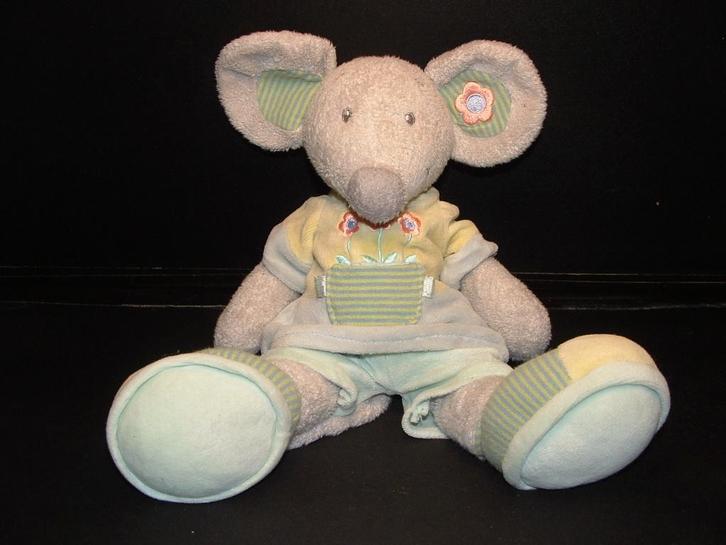 NICOTOY MUIS SPITSY GROOT VELOURS GRIJS MET LICHTGROEN, Kinderen en Baby's, Speelgoed | Knuffels en Pluche, Zo goed als nieuw