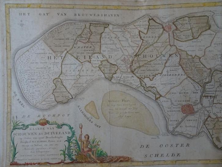 gravure kleur Schouwen Duiveland, Carel en Hattinga 1753, Antiek en Kunst, Kunst | Etsen en Gravures, Verzenden