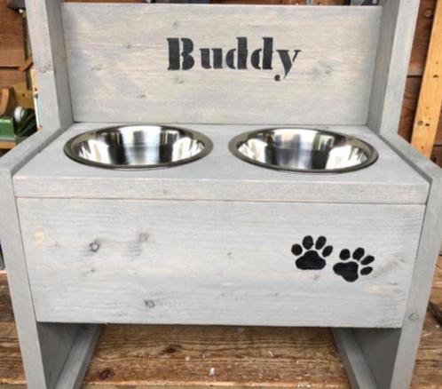 Hondenvoerbak van steigerhout met EIGEN NAAM hond (groot), Dieren en Toebehoren, Hondenvoerbakken en Drinkbakken, Nieuw, Ophalen of Verzenden