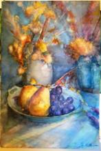 Jan van der Veer(1912)Aquarel "Stilleven vaas en schaal" Ges, Antiek en Kunst, Ophalen of Verzenden