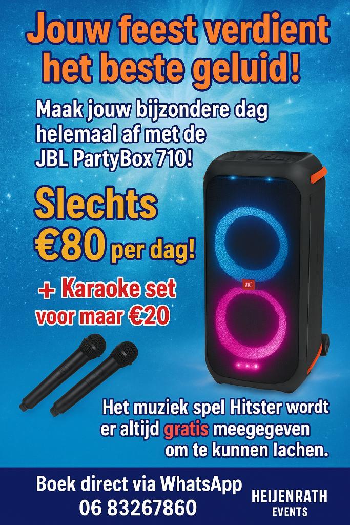 Verhuur Jbl party box 710, karaoke set, Audio, Tv en Foto, Luidsprekers, Zo goed als nieuw, Center speaker, 120 watt of meer, JBL