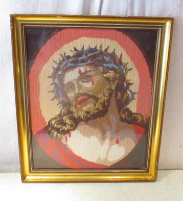 Mooi geborduurd Werk - Christus met doornenkroon - 52x44 beschikbaar voor biedingen