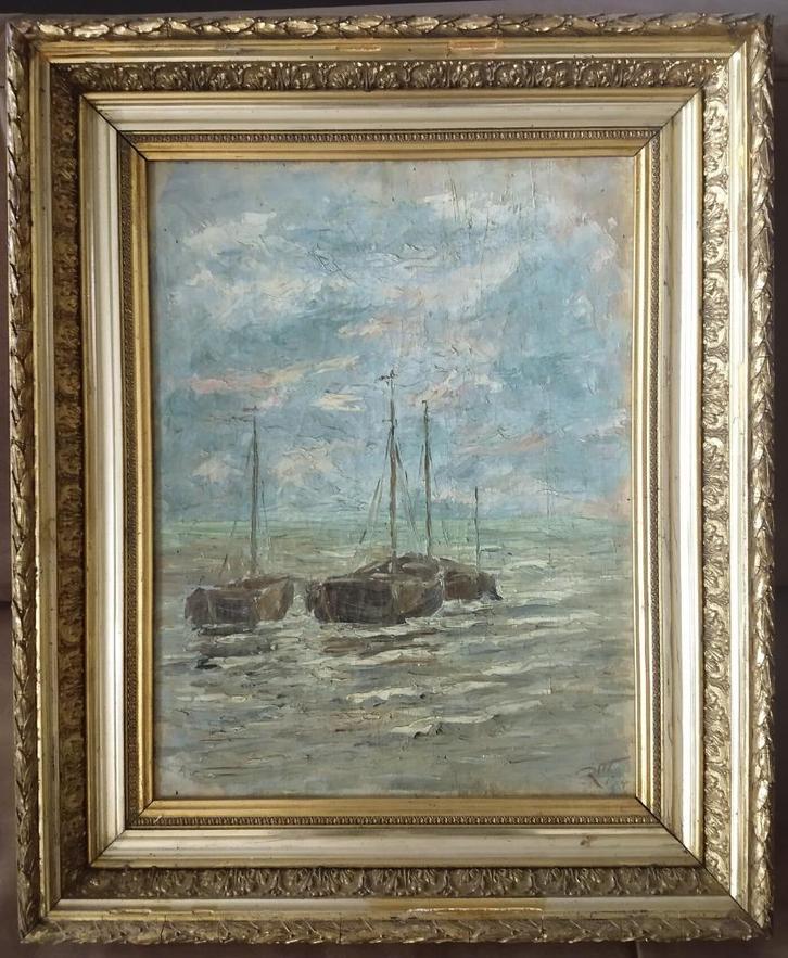 Antiek Nederlands zeezicht met boten, Antiek en Kunst, Kunst | Schilderijen | Klassiek, Ophalen of Verzenden