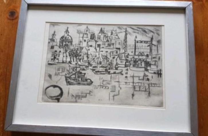 Theo Blom Ets Amsterdam zicht vanaf het IJ Scheen, Antiek en Kunst, Kunst | Etsen en Gravures, Ophalen
