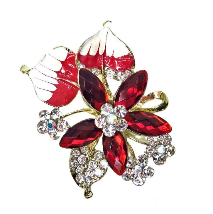 Deze broche is versierd met een robijnen strass bloem., Sieraden, Tassen en Uiterlijk, Broches, Nieuw, Overige materialen, Overige kleuren