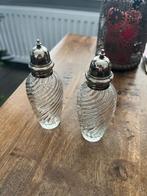 Glazen peper en zout stel met zilveren afsluiting/dop, Antiek en Kunst, Ophalen, Zilver