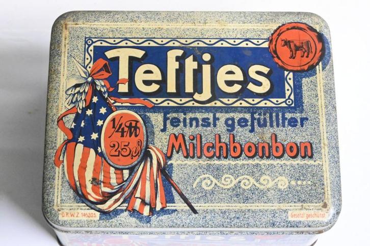 Teftjes DRWZ milch bonbon blik duitsland jaren 20-30 snoep, Verzamelen, Blikken, Gebruikt, Overige, Overige merken, Ophalen of Verzenden