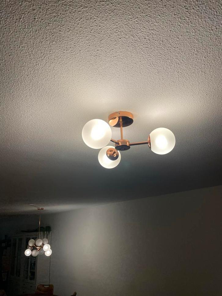 Koperen Plafondlamp met Glazen Bollen, Huis en Inrichting, Lampen | Plafondlampen, Zo goed als nieuw, Metaal, Ophalen