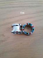 Nieuwe tunnels, pluggen. Staal. Gekleurde steentjes. 12 mm., Ophalen of Verzenden, Zo goed als nieuw, Staal, Oor- of Traguspiercing