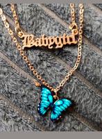 Ketting dubbel blauwe email vlinder baby Girl, Verzenden, Nieuw, Goud, Met hanger