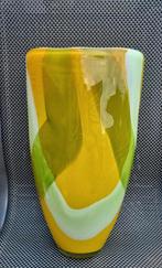 Grote zware vintage glazen vaas geel groen, Antiek en Kunst, Ophalen of Verzenden