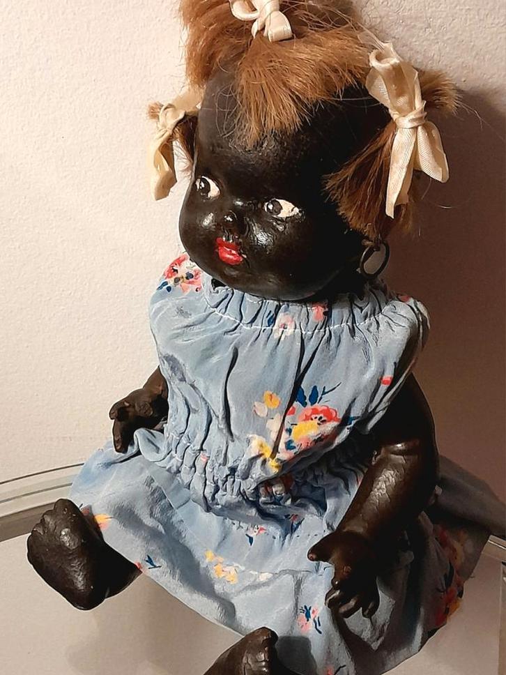 Antiek oude donkere pop Topsy zwart, Verzamelen, Poppen, Gebruikt, Pop, Verzenden