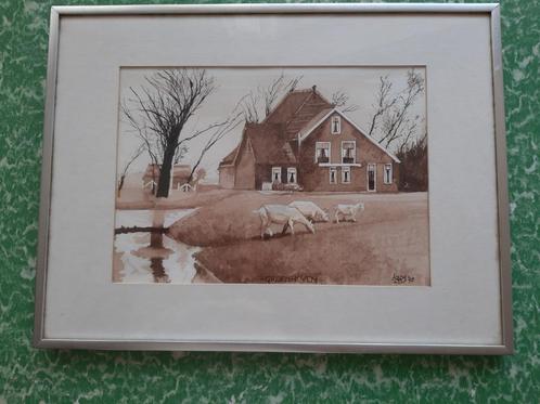 aquarel in lijst/glas Boerderij Groenhoven te Wieringerwaard, Antiek en Kunst, Kunst | Schilderijen | Klassiek, Ophalen of Verzenden