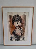 Guy Olivier schilderij dame met wijnglas achter glas 72x92cm, Antiek en Kunst, Ophalen
