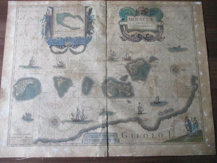 Grote 17e eeuwse landkaart Indonesie Molukken van W. Blaeu, Antiek en Kunst, Curiosa en Brocante, Verzenden