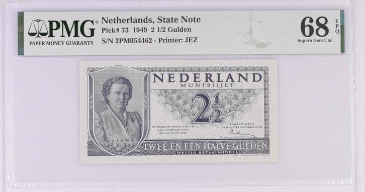 UNC biljet 2,5 gulden Juliana, 1949 | PMG 68 EPQ, Postzegels en Munten, Bankbiljetten | Nederland, Ophalen of Verzenden