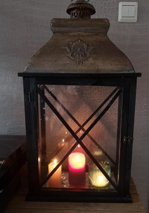 Grote lantaarn / windlicht met koperen kap, Huis en Inrichting, Woonaccessoires | Kandelaars en Kaarsen, Zo goed als nieuw, Kandelaar