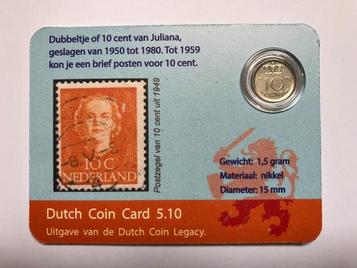 Dutch Coin Card 5.10. Dubbeltje van Juliana., Postzegels en Munten, Munten | Nederland, Losse munt, 10 cent, Koningin Juliana