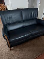 Donkerblauw leren bank + 2 leren en 1 stoffen fauteuil, Ophalen, Gebruikt, 150 tot 200 cm, Tweepersoons