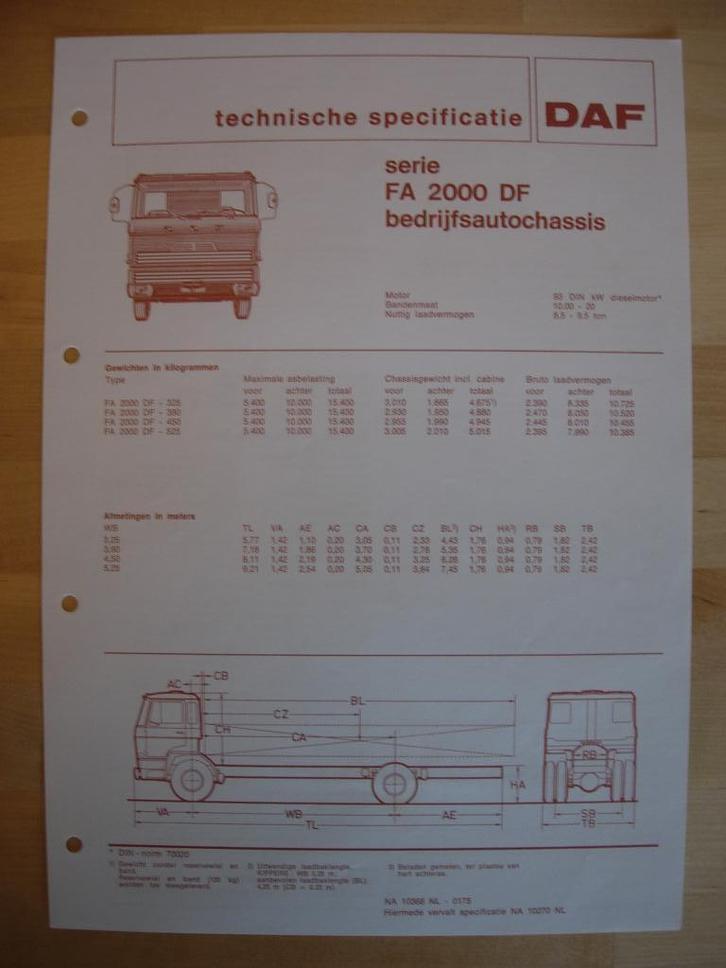 DAF FA 2000 DF Technische Specificatie folder 1975 – 4x2, Boeken, Auto's | Folders en Tijdschriften, Zo goed als nieuw, Overige merken