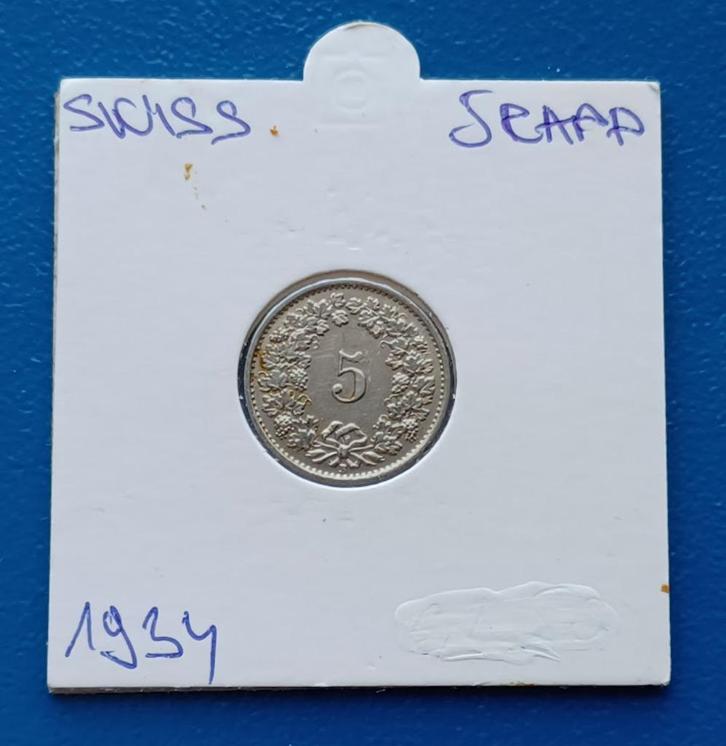 Zwitserland 5 rappen - 1934, Postzegels en Munten, Munten | Europa | Niet-Euromunten, Losse munt, Overige landen, Verzenden