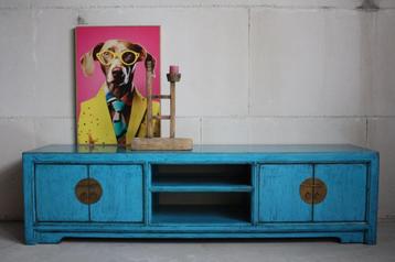 Oosters Uniek Blauw Houten Dressoir Kleurrijke Chinese Kast beschikbaar voor biedingen