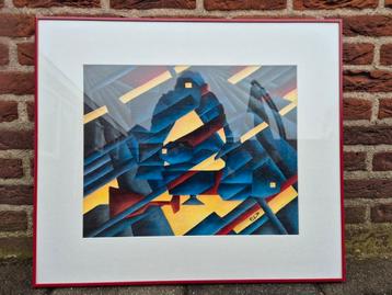 Modern schilderij met rode aluminium lijst  beschikbaar voor biedingen