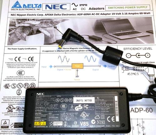 NEC ADP64 Delta Electronics ADP-60NH 19V 3.16A 60W Adapter, Computers en Software, Laptop-opladers, Zo goed als nieuw, Ophalen of Verzenden