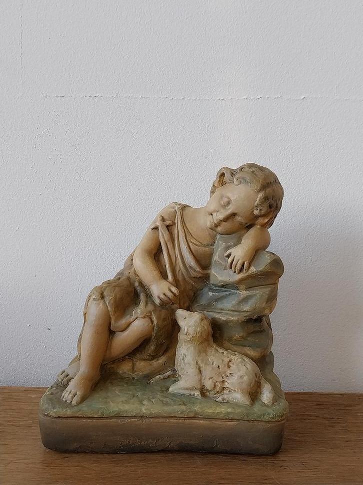 Antiek beeld Johannes De Doper slapend kind met schaap, Antiek en Kunst, Kunst | Beelden en Houtsnijwerken, Ophalen of Verzenden