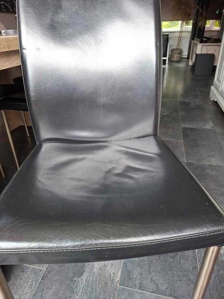 4 zwart lederen eetkamer stoelen, Huis en Inrichting, Stoelen, Gebruikt, Vier, Zwart, Ophalen of Verzenden