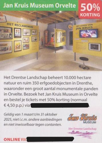 Jan Kruis Museum. Orvelte. 50% korting (normaal € 4,50 p.p.) beschikbaar voor biedingen