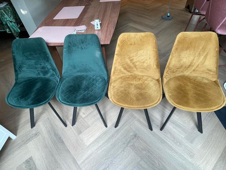 Set van 4 Kick Soof eetkamerstoelen - Groen & Goud, Huis en Inrichting, Stoelen, Gebruikt, Vier, Stof, Overige kleuren, Ophalen
