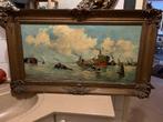 Antiek groot olieverf schilderij havens, Antiek en Kunst, Ophalen of Verzenden