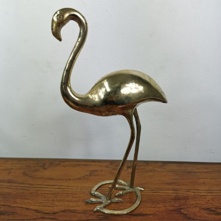 Vintage messing beeld Flamingo. Beeldje van Flamingo, Verzamelen, Beelden en Beeldjes, Zo goed als nieuw, Dier, Ophalen of Verzenden