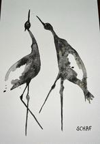 Aquarel kraanvogels abstract, Antiek en Kunst, Ophalen of Verzenden