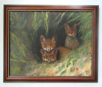 Leuk schilderij met Vosjes, olieverf op linnen, gesigneerd.  beschikbaar voor biedingen