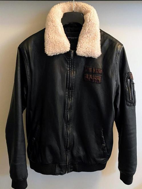 Piloten jack leer, Superior, mt.L, zwart met bontkraag, ZGAN, Kleding | Heren, Jassen | Winter, Zo goed als nieuw, Maat 52/54 (L)