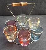 Vintage set/houder met 6 borrelglazen gekleurd glas, Ophalen of Verzenden, Zo goed als nieuw