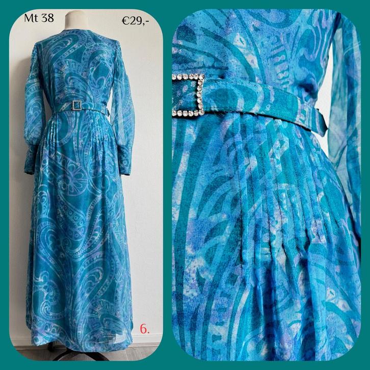 6. Vintage jurk mt 38, Kleding | Dames, Jurken, Gedragen, Maat 38/40 (M), Blauw, Onder de knie, Verzenden